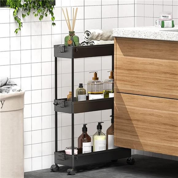 Slim Rolling Storage Cart Laundry Room Organization 3 Tier Mobile Shelving Unit - Picture 6 of 6